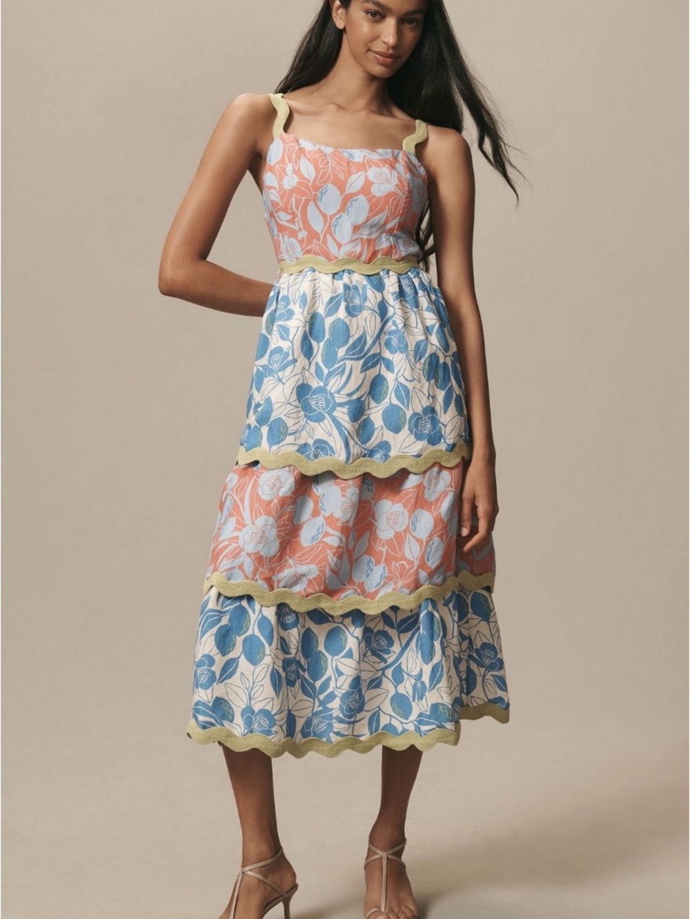 FARM Rio Coral, Blue & Cream Tiered Floral Midi Dress